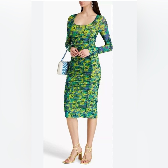 GANNI Multicolor Recycled Nylon Midi Dress in Sulphur Spring - Picture 1 of 10